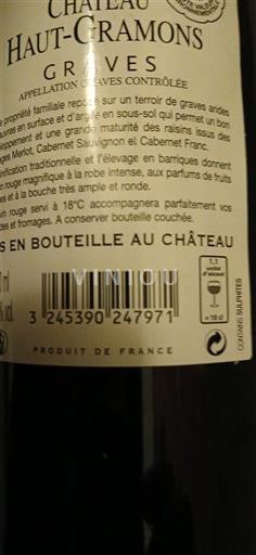 Burdeos Graves Château Haut Gramons 2020 Sin añada