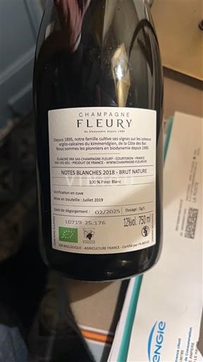 Vinhos Espumantes Blanc brut-nature Notes Blanches Champagne Fleury 2018 França Champanhe AOC