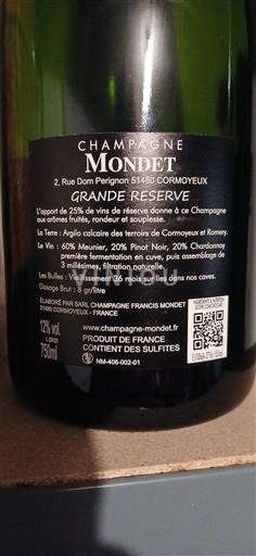 Champaña Champán Champagne Mondet Grande Réserve Sin añada