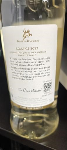 Víno Blanc liquoreux Solstice Terres des Templiers 2023 Francie Roussillon Banyuls AOC
