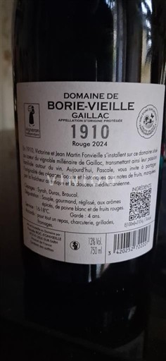 Vin Rouge sec 1910 Domaine Borie-Vieille 2024 France Sud-Ouest Gaillac AOC