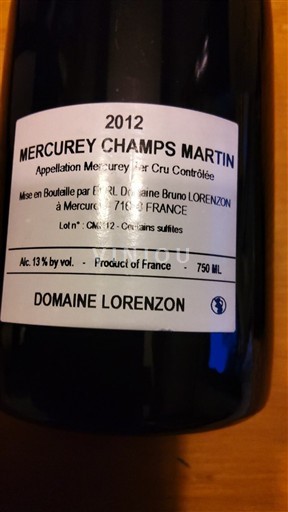 Weine Rouge sec Champs Martin Domaine Lorenzon 2012 Frankreich Burgund Mercurey AOC Premier Cru