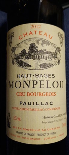 Bordeaux Pauillac Cru Bourgeois Château Haut-Bages Monpelou 2012