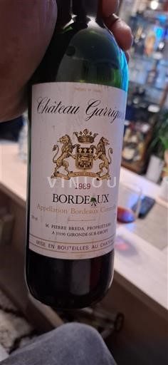 Vine Rouge sec Château Garrigon 1989 Frankrig Bordeaux AOC