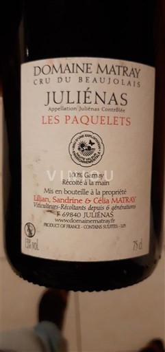 Wines Rouge sec Les Paquelets Domaine Matray 2021 France Beaujolais Juliénas AOC