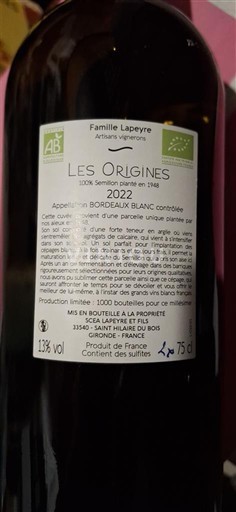 Bordeaux Bordeaux blanc Lapeyre et Fils Les Origines 2022