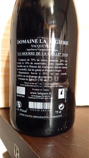 Vin Rouge sec Le Mourre de la Caille La Ligière 2018 France Vallée du Rhône Vacqueyras AOC