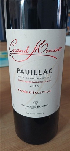 Vinos Rouge sec Grand Moment Cuvée d'Exception Maison Johannès Boubée 2016 Francia Burdeos Pauillac AOC