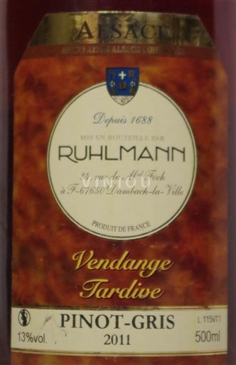 Alsacia Ruhlmann Pinot gris Vendanges tardives 2011