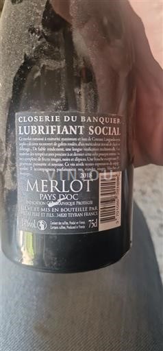 Languedoc ja Roussillon Pays d'Oc Closerie du Banquier Lubrifiant Social 2018