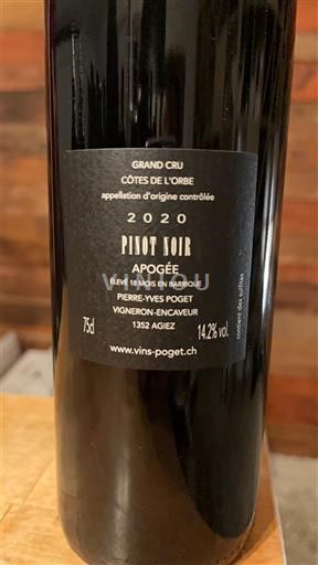 Vaud Côtes de l'Orbe AOC Grand Cru Pierre-Yves Poget Apogée 2020