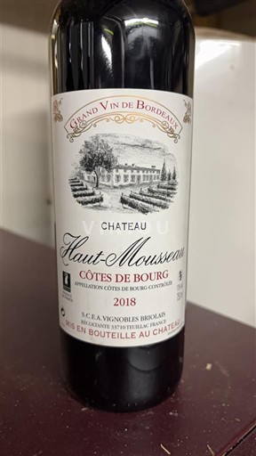 Wijnen Rouge sec Château Haut-Mousseau 2018 Frankrijk Bordeaux Côtes-de-bourg AOC