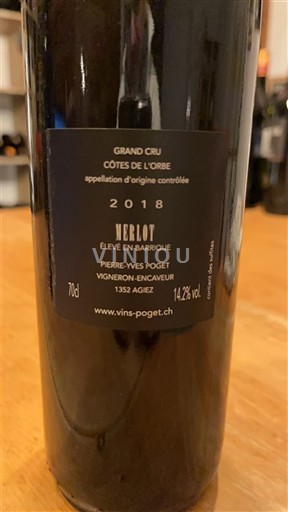 Vaud Côtes de l'Orbe AOC Pierre-Yves Poget Merlot élevé en barrique 2018