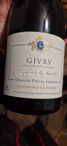 Viner Rouge sec Domaine Pascal Lemonde 2019 Frankrike Bourgogne Givry AOC