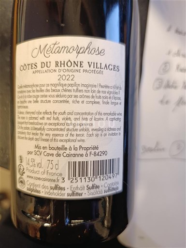 Wines Rouge sec Métamorphose SCV Cave de Cairanne 2022 France Rhône Valley Côtes du Rhône Villages AOC