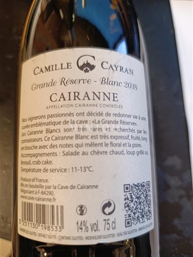 Vale do Ródano Cairanne Camille Cayran Grande Réserve - Blanc 2018