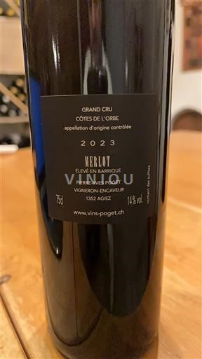 Vaud Côtes de l'Orbe AOC Grand Cru Pierre-Yves Poget Merlot élevé en barrique 2023