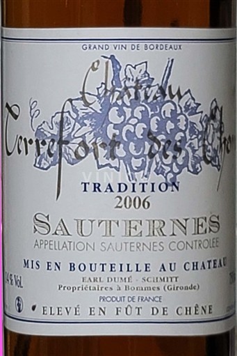 Wijnen Blanc moelleux Château Terrefort des Chons 2006 Frankrijk Bordeaux Sauternes AOC