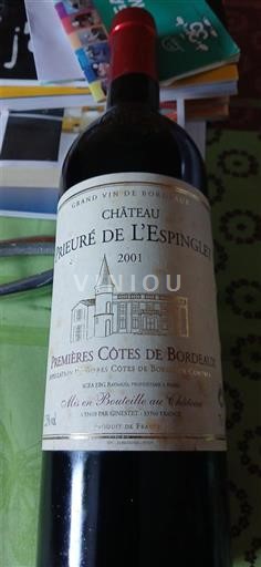 Vinos Rouge sec Château Prieuré de L'Espinglet 2001 Francia Burdeos Primeras Colinas de Burdeos AOC