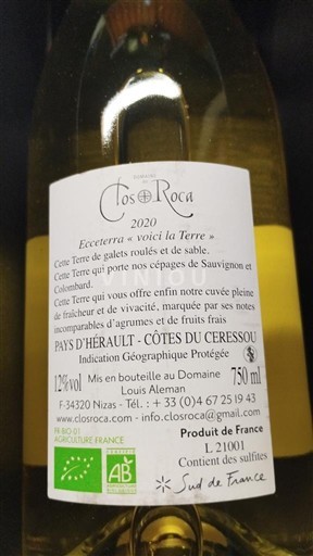 Langvedok Ni doloceno Clos Roca Ecceterra « voici la Terre » 2020