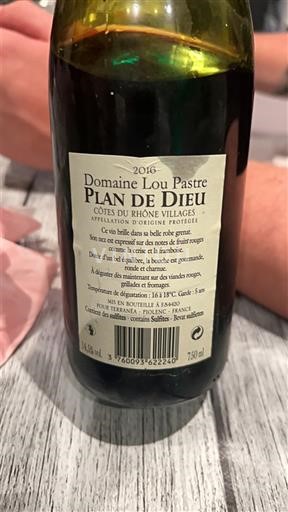 Wijnen Rouge sec Plan de Dieu Domaine Lou Pastre 2016 Frankrijk Rhônevallei Niet gespecificeerd AOC