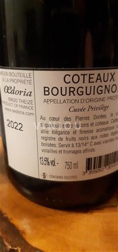 Viinit Rouge sec Privilège Odoria 2022 Ranska Burgundi Burgundin rinteet AOC