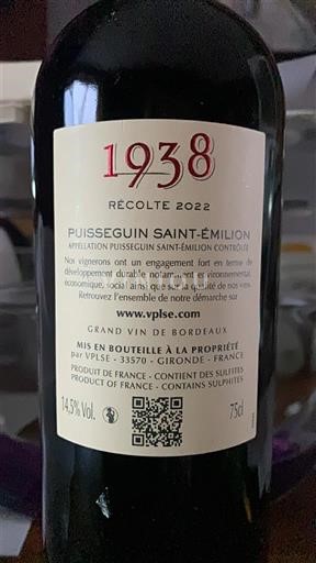 Bordeaux Puisseguin-saint-émilion VPLSE 1938 2022
