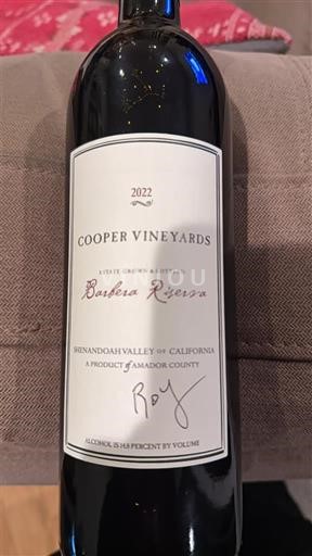 Kalifornijske AVA Ni doloceno Cooper Vineyards Barbera Riserva 2022