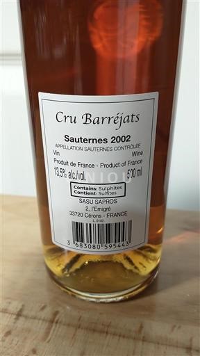 Bordéus Sauternes Cru Barréjats 2002