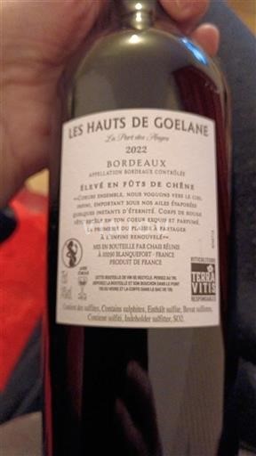 Vin Rouge sec Le Port des Anges Les Hauts de Goelane 2022 France Bordeaux AOC