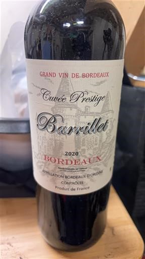 Vin Rouge sec Cuvée Prestige Barrillet 2020 France Bordeaux AOC