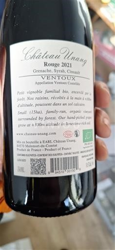 Viner Rouge sec Rouge Château Unang 2021 Frankrike Rhônedalen Ventoux AOC