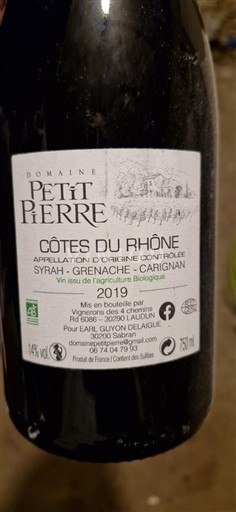 Viner Rouge sec Domaine Petit Pierre 2019 Frankrike Rhônedalen Côtes du Rhône AOC
