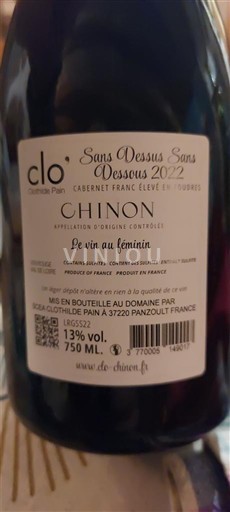 Thung lũng sông Loire Chinon Domaine Clo Sans Dessus Sans Dessous 2022