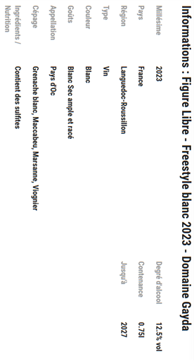 Linguadoca e Rossiglione Paese d'Oc Domaine Gayda Figure Libre Freestyle Blanc 2023