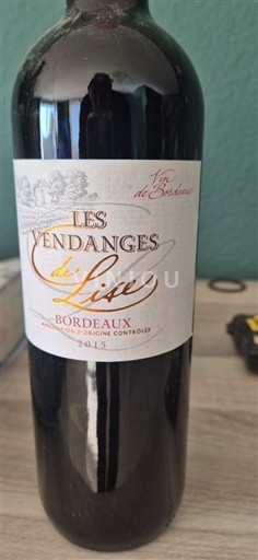 Vin Rouge sec Les Vendanges de Lise 2015 France Bordeaux AOC