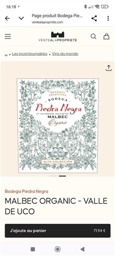 Mendoza Valle de Uco Bodega Piedra Negra Malbec Organic Alta Colección 2024