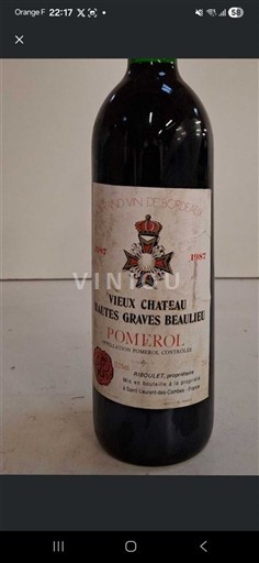 Vinos Rouge sec Château Vieux Château Hautes Graves Beaulieu 1987 Francia Burdeos Pomerol AOC