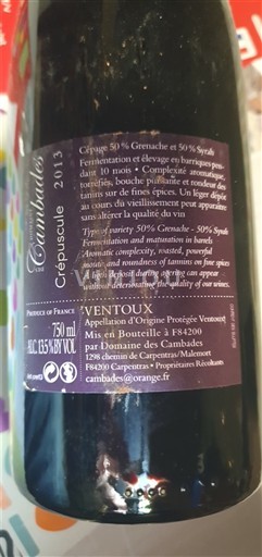 Thung lũng Rhône Ventoux Domaine S Cambades Crépuscule 2013