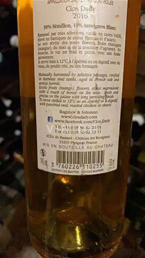 Bordeaux Sauternes Clos Dady 2016