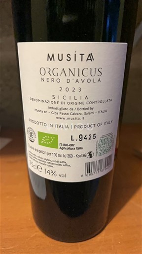 Sicilia Musita Organicus Nero d'Avola 2023