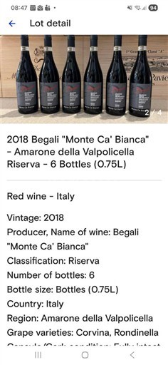 Vénétie Amarone della Valpolicella Begali Monte Ca' Bianca 2018