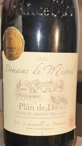 Thung lũng Rhône Không được chỉ định Domaine Mistral Plan de Dieu 2022