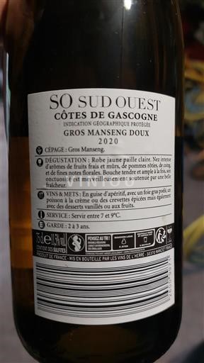 Sudoeste Côtes de Gascogne SO Sud Ouest Gros Manseng Doux 2020
