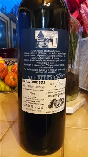 Bordeaux Saint-Émilion Grand Cru Grand Cru Château Grand Bert 2003