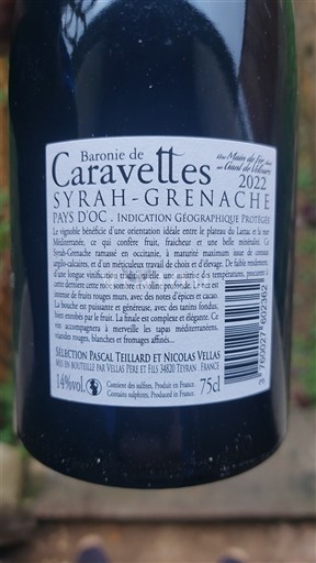 Languedoc y Rosellón País de Oc Baronie de Caravettes Syrah-Grenache 2022