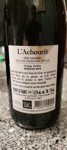 Vine Rouge sec L'Achourit Non millésimé Frankrig Languedoc og Roussillon Catalansk skråning IGP