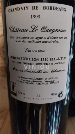 Wijnen Rouge sec Château Le Queyroux 1999 Frankrijk Bordeaux Niet gespecificeerd AOC