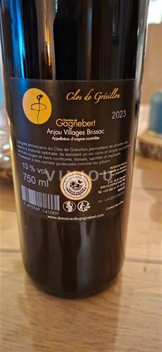 Vini Rouge sec Clos de Grésillon Gagnebert 2023 Francia Valle della Loira Anjou Villages Brissac AOC