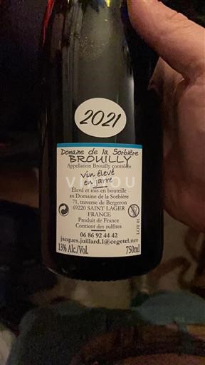 Beaujolais Brouilly Domaine La Sorbière Vin élevé en jarre 2021